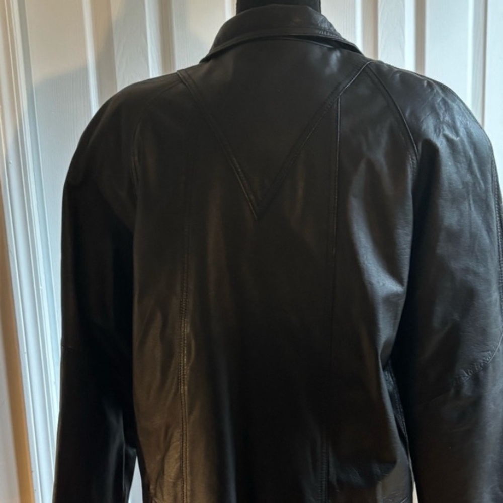 Funnel neck Black real Leather Jacket - Picture 5 of 7